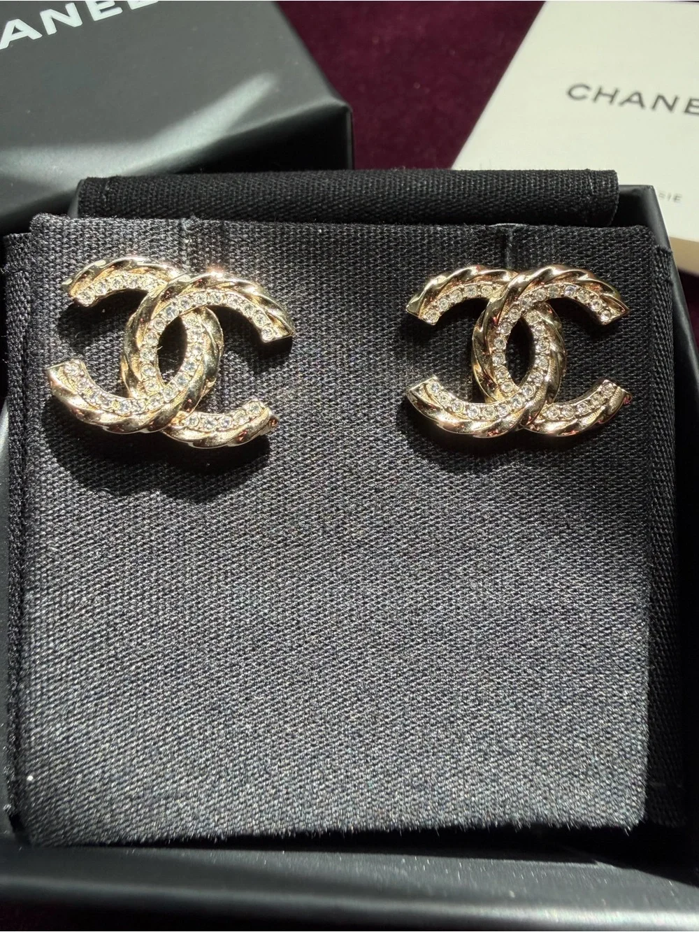 CHANEL Gold Crystal Interlocking CC Stud Earrings